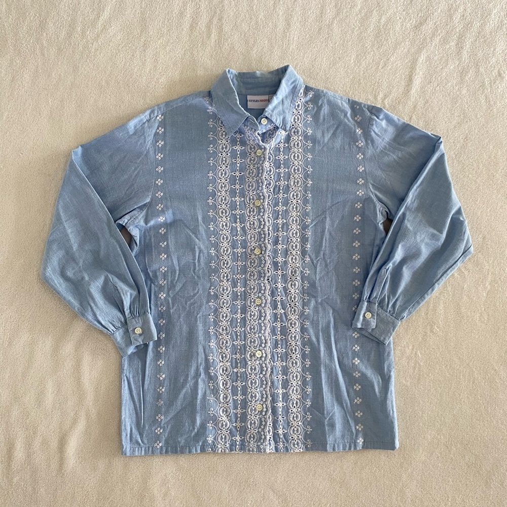 Vintage Blue Embroidered Oversized Button Down Shirt